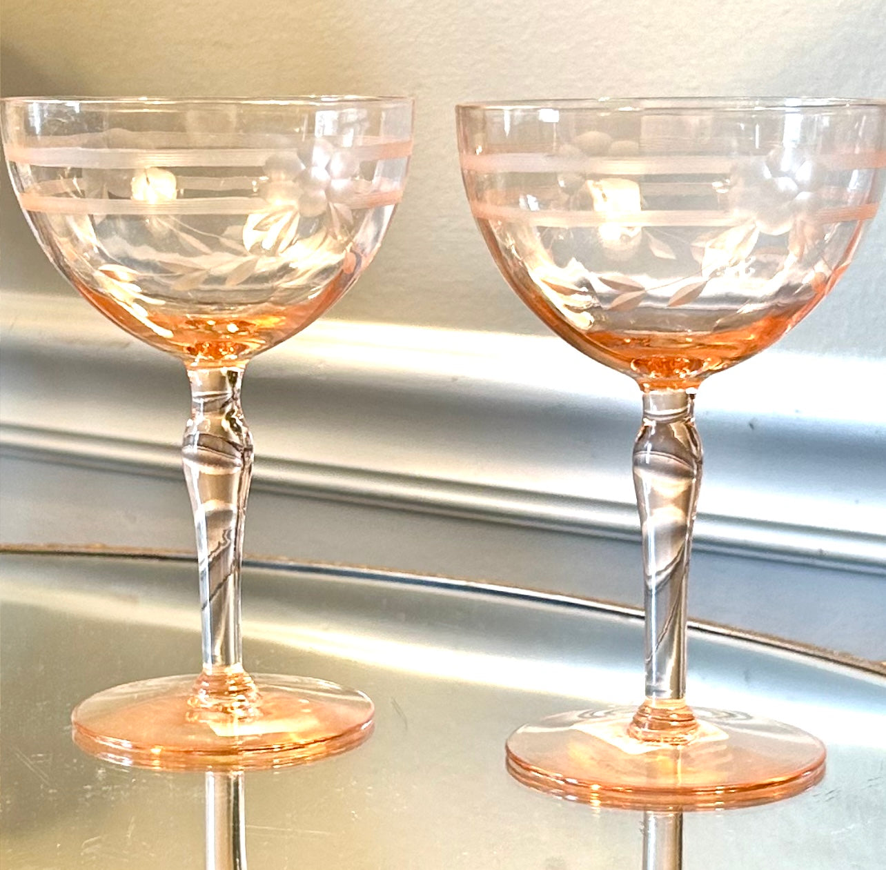 Set of 12 perfectly pink crystal Champagne sherbet etched coup glasses.