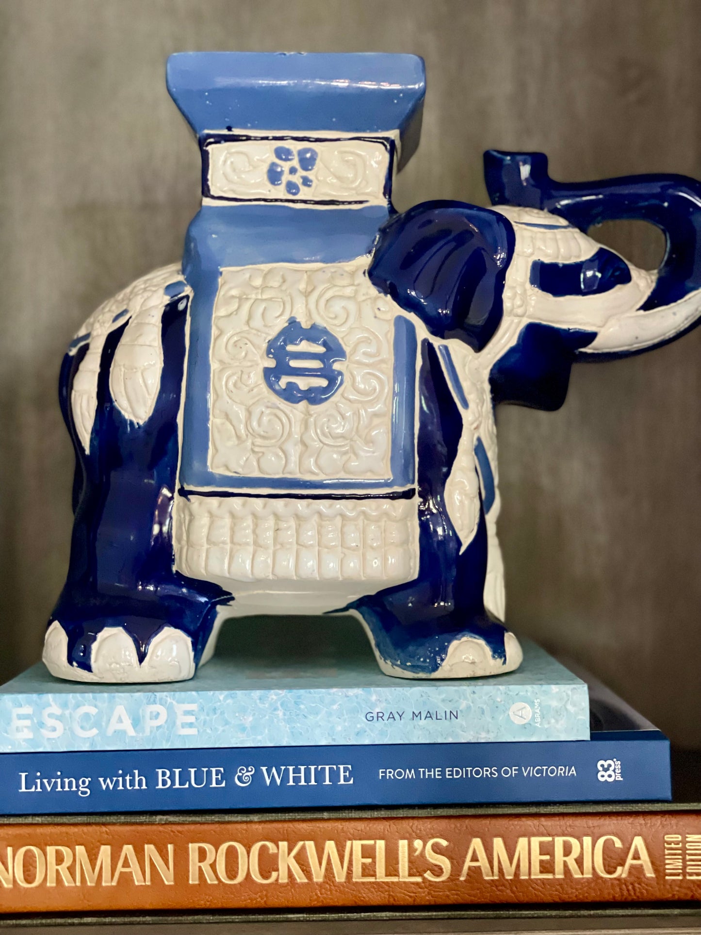 Vintage Blue & White Chinoiserie 13” Ceramic Elephant Plant Stand