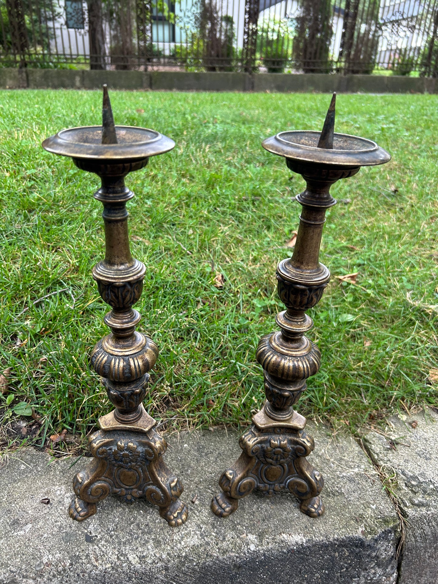 Pair of Very Heavy Brass/Bronze Candlesticks 17” Tall