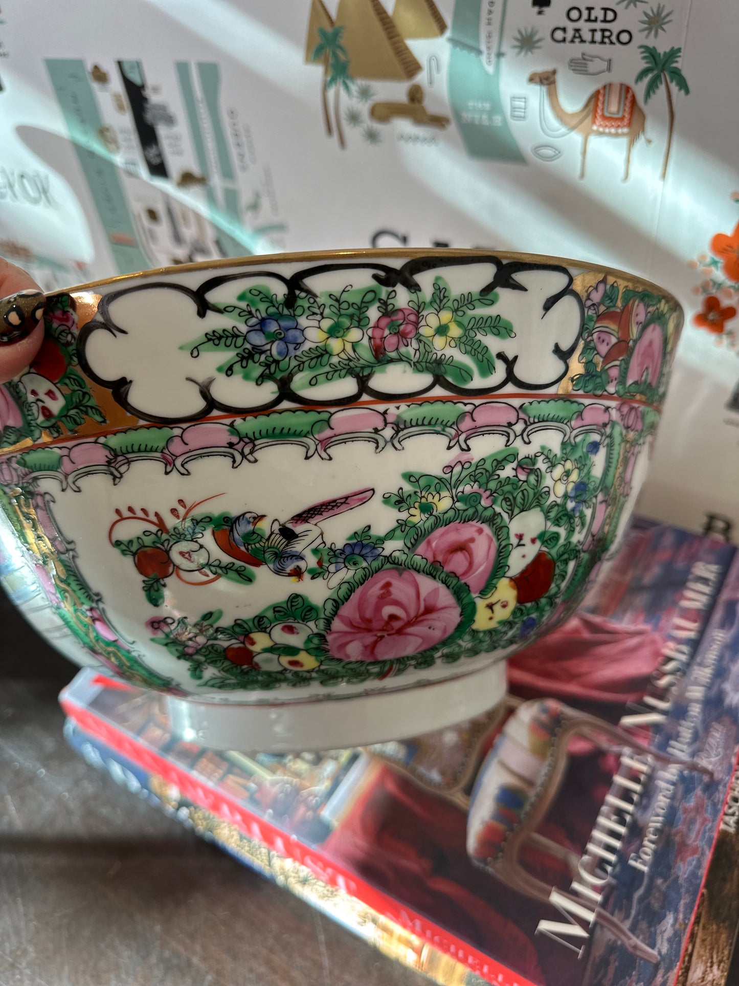 Beautiful Large Chinese Export Porcelain Famille Rose Medallion Punch Bowl, 12”