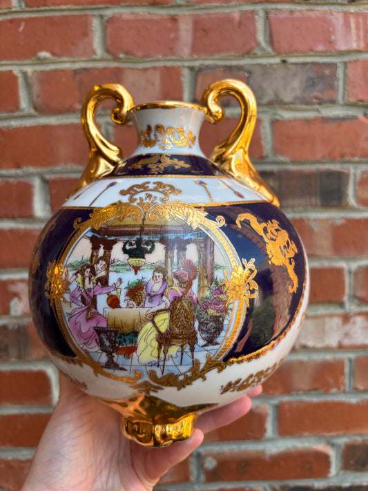 Stunning Limoges handpainted, gilded, and cobalt round vase!