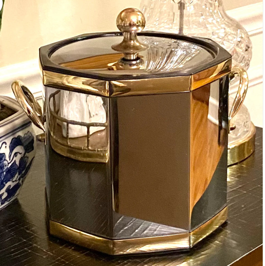 Vintage brass and mirrored chrome ice bucket with lid by designer Kraftware.