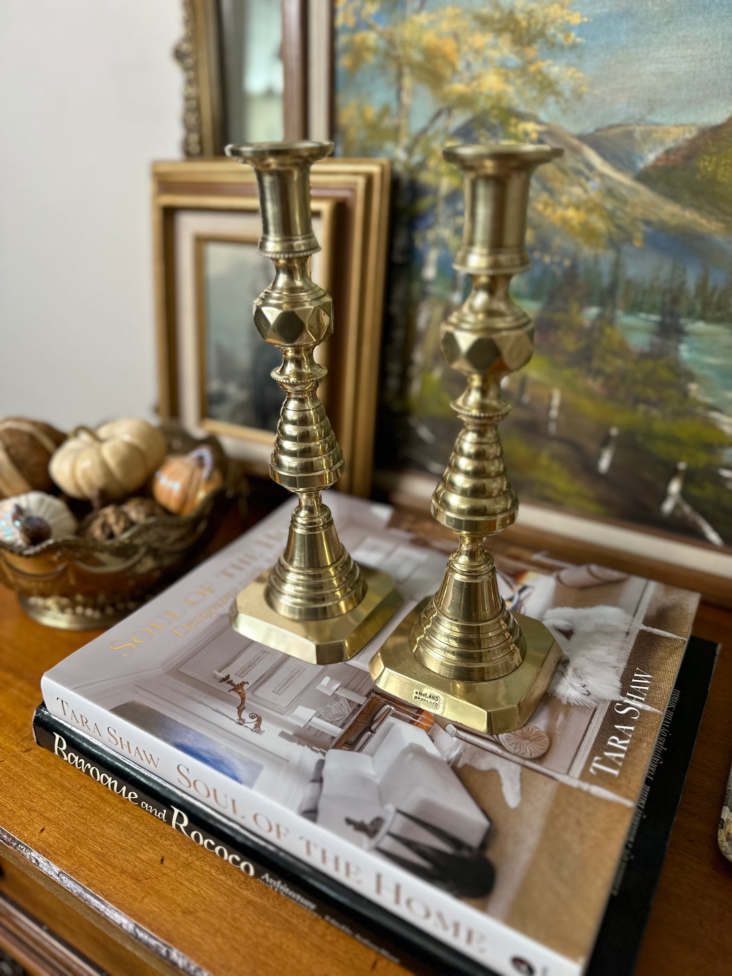 Late 19th Century Victorian Pair of Brass Beehive Candlesticks, Made in England, 9.75”