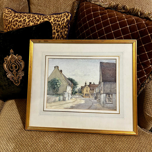 Stunning watercolor print old world village landscape .