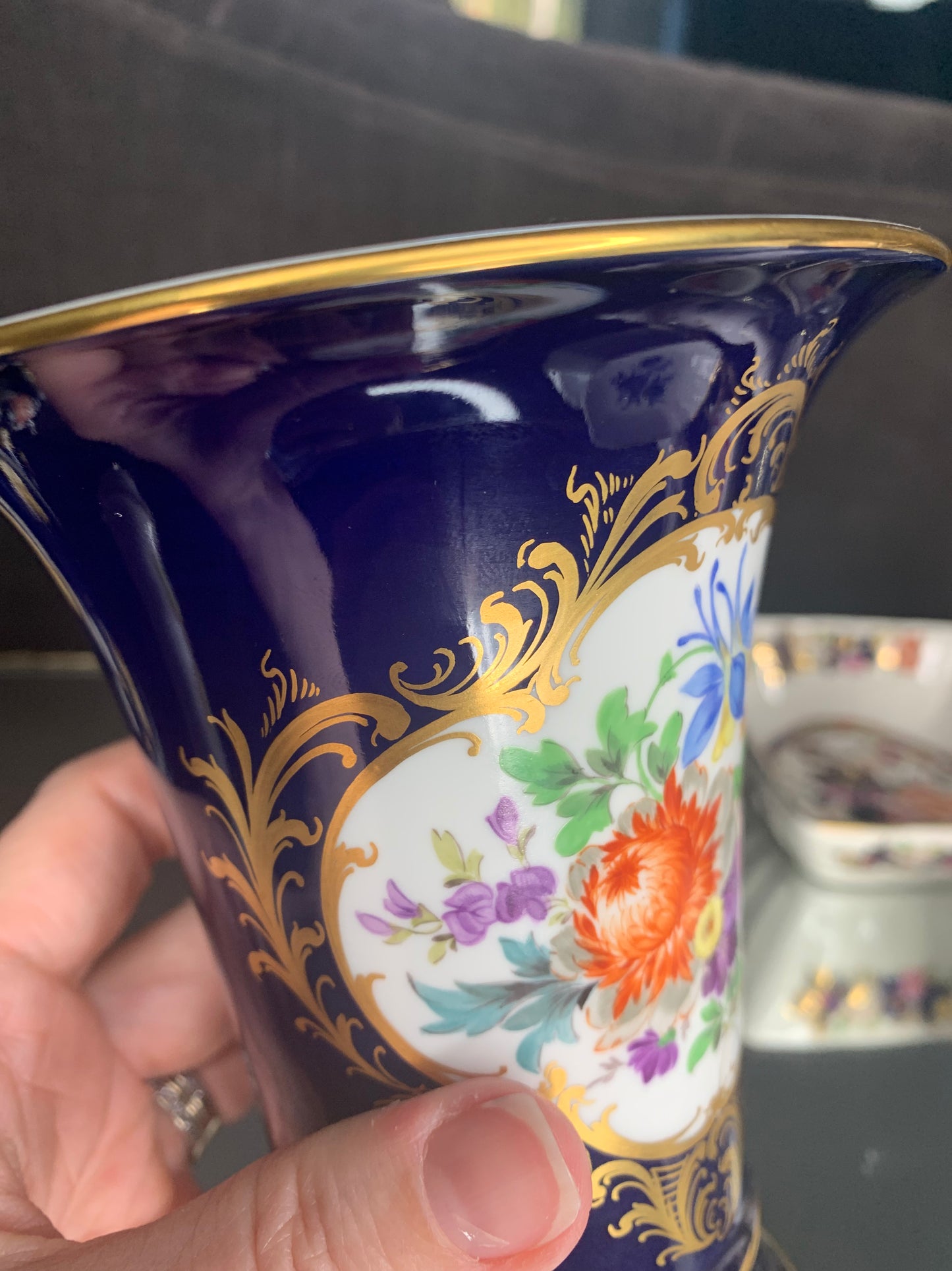 Meissen Trumpet Vase Cobalt with flowers and gilded edge