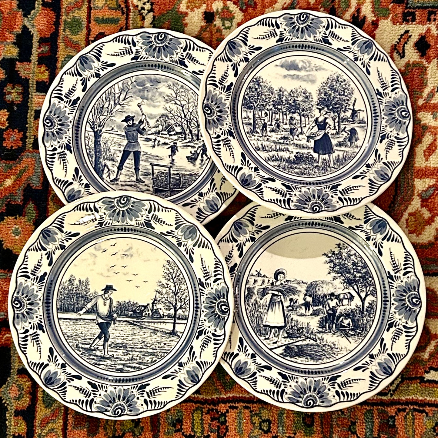 Lovely Rare set of 4 designer blue  and white dinner plates by LUNEVILLE of France