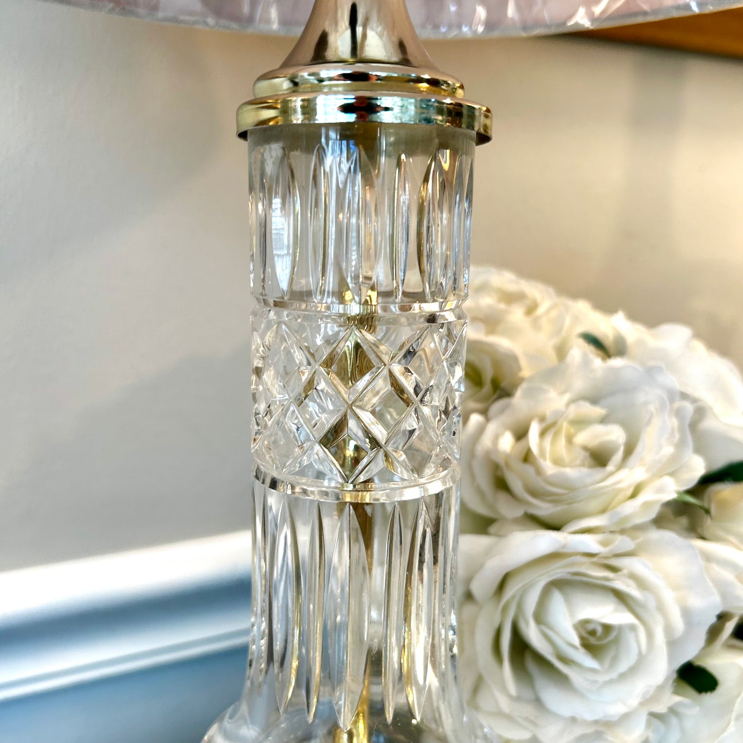 Sparkling vintage crystal and brass fretwork lamp with new shade