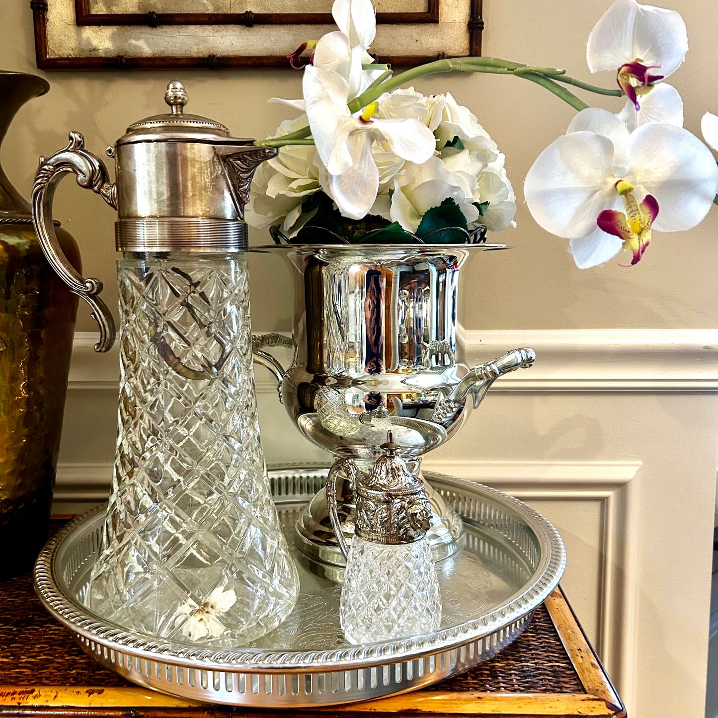 Gorgeous Vintage aged silver plate & crystal tall lidded pitcher vase