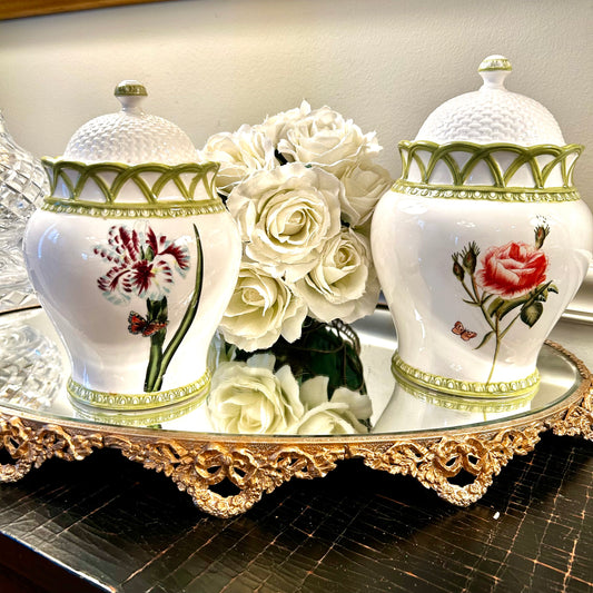 Set of 2 designer Raymond Waites green & white botanical lattice ginger jars