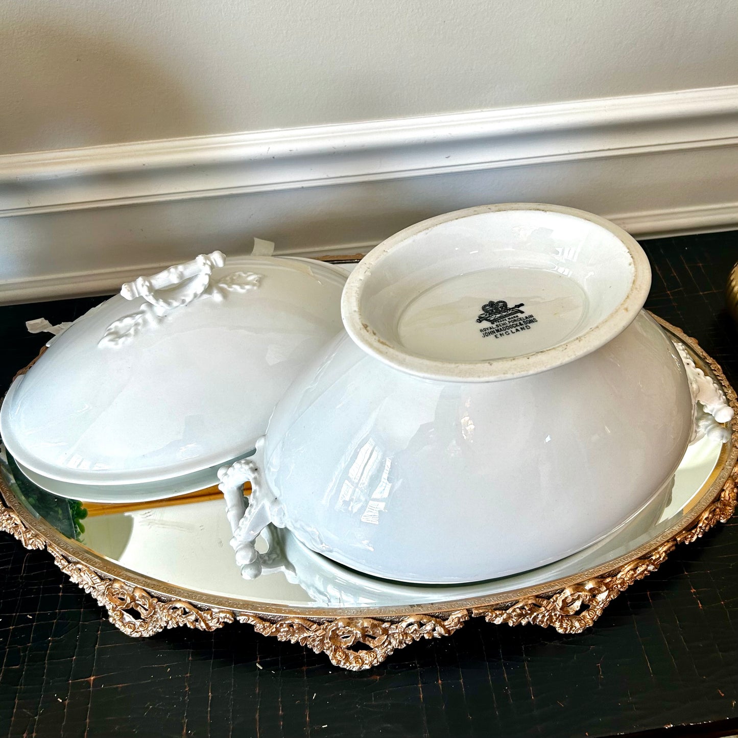 Vintage white porcelain 2 piece tureen stamped by designer John Maddock & Sons of England I