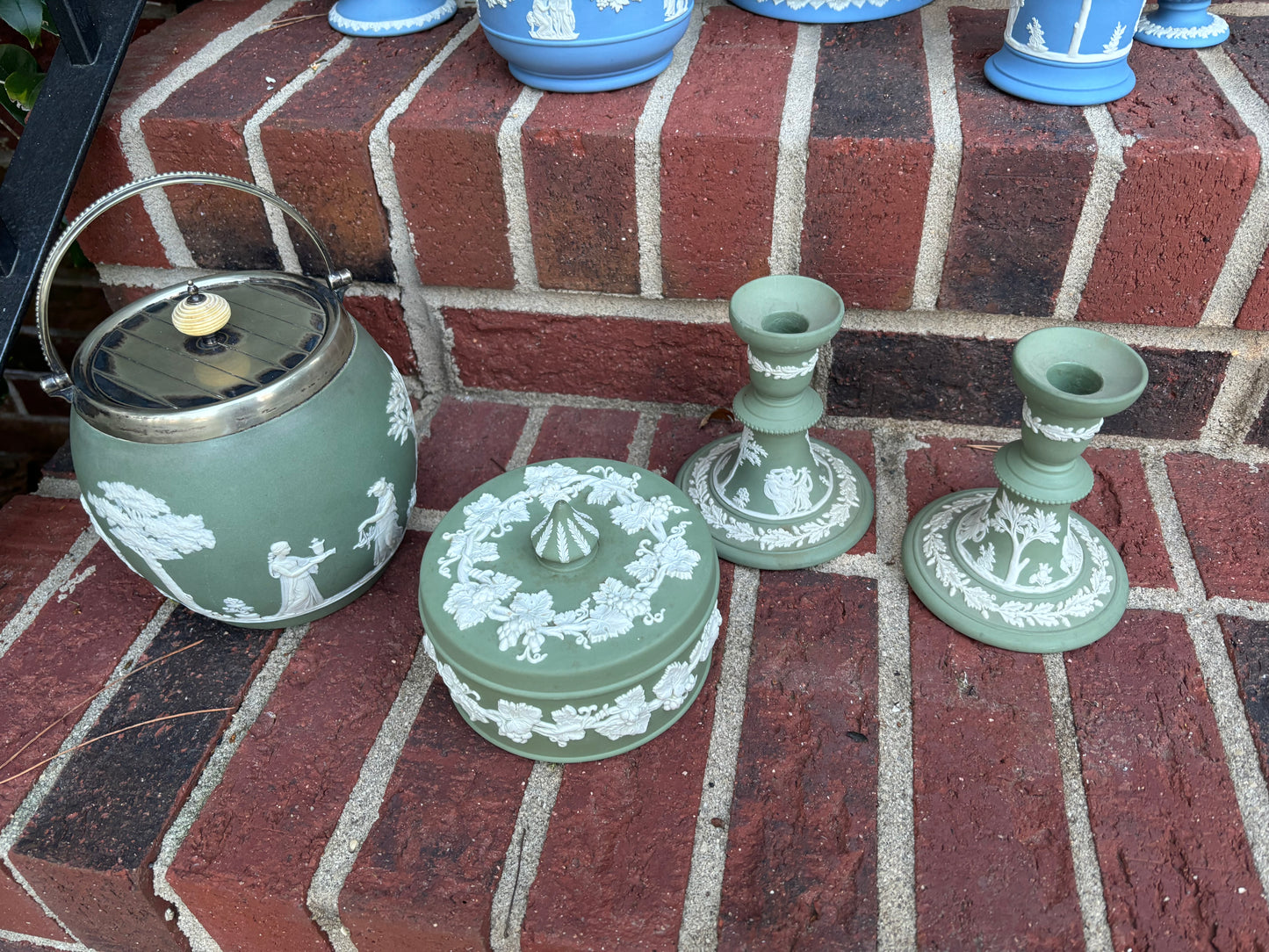 Beautiful pair of Green Jasperware candleholders!