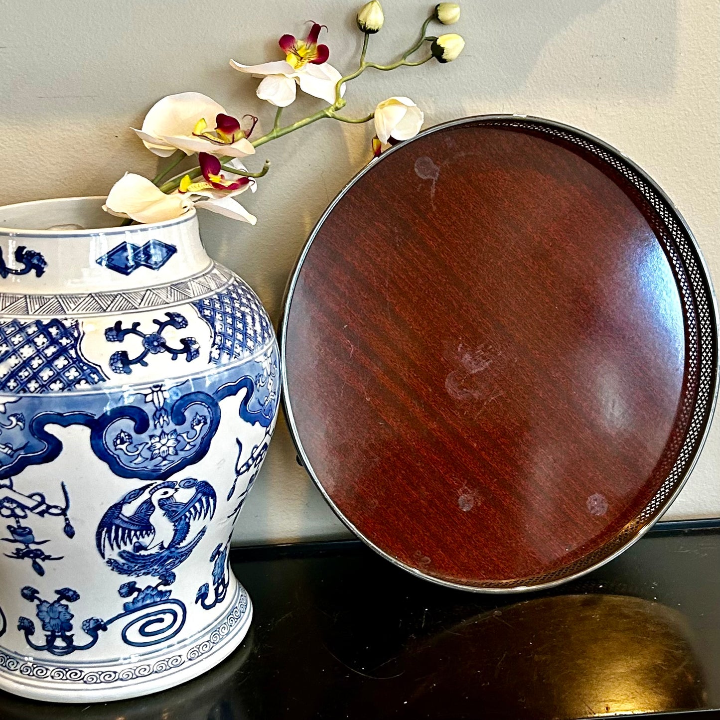 Handsome vintage silver plate & wood grain footed gallery tray