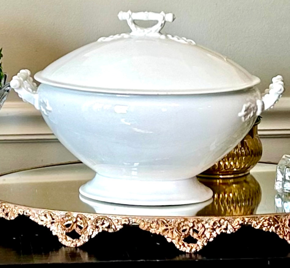 Vintage white porcelain 2 piece tureen stamped by designer John Maddock & Sons of England I