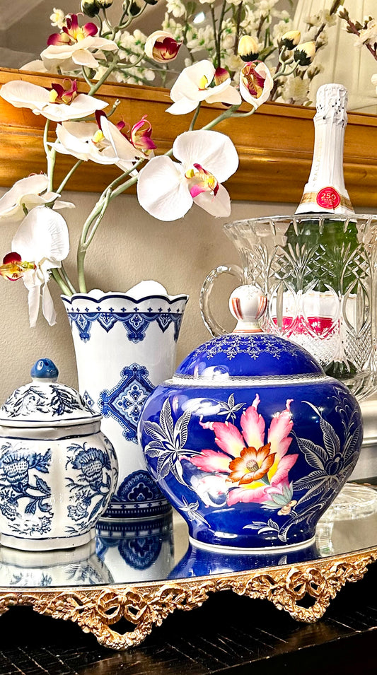 Antique Porcelain Heinrich H & G Selb, Germany Cobalt blue tobacco leaf ginger jar vase with lid