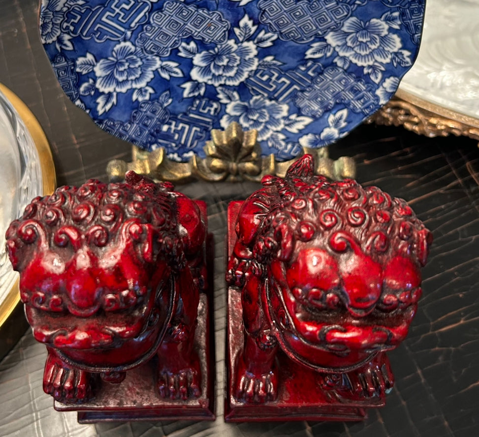 Rich ruby red hand carved older vintage pair of wood foo dog statues