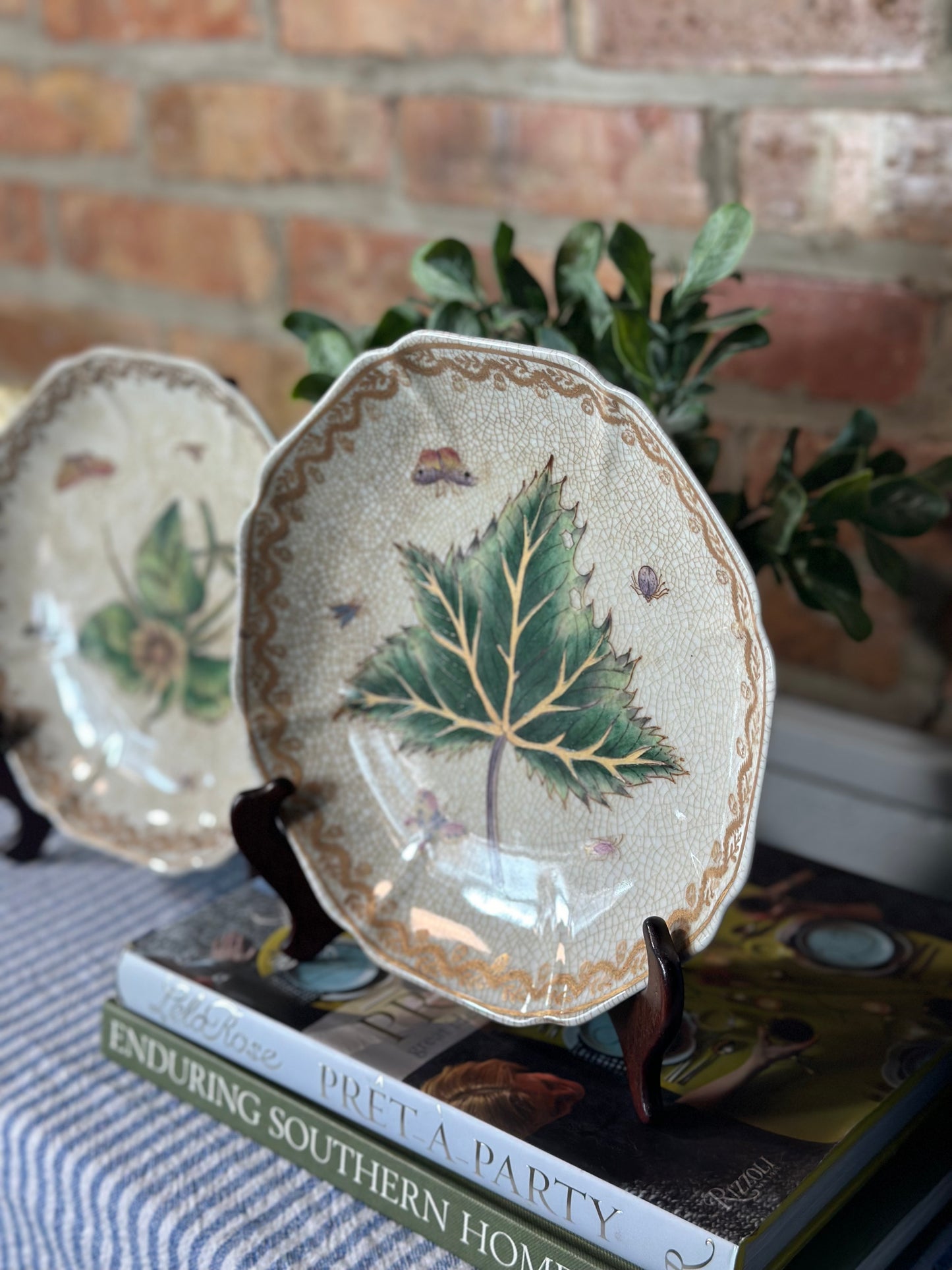 Porcelain Pair (2) Decorative Leaf Plates, 8.5"D - Pristine!