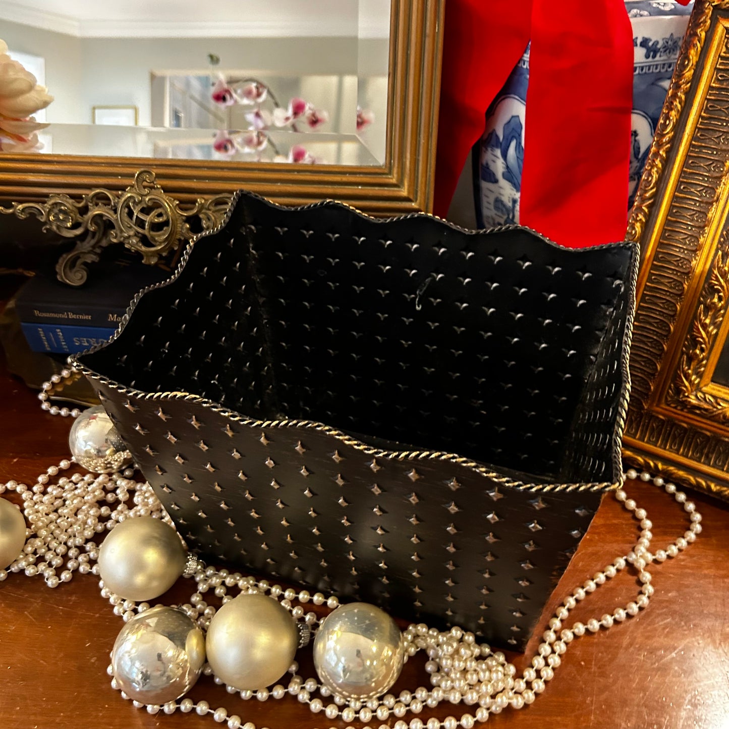 Vintage ebony black & gold tole metal planter centerpiece