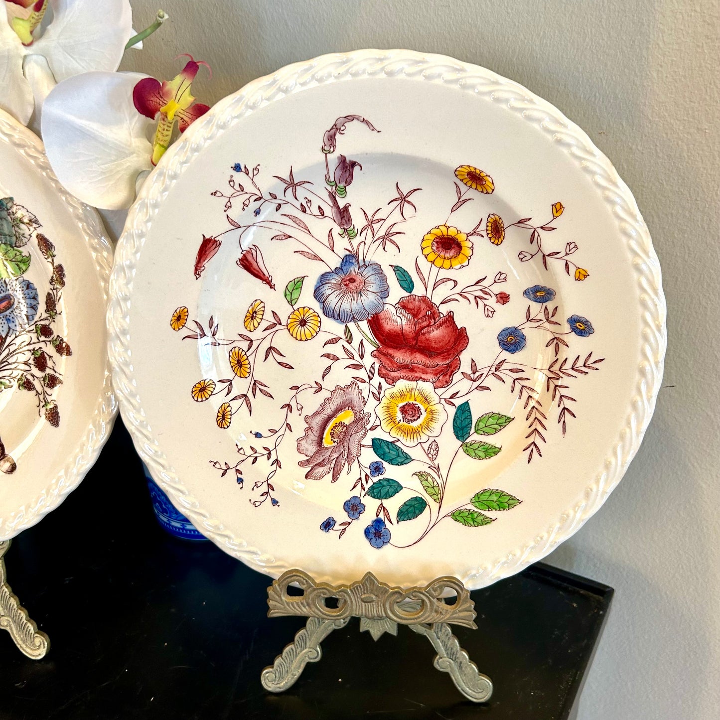 Set of two vintage hand painted fruit floral dinner plates