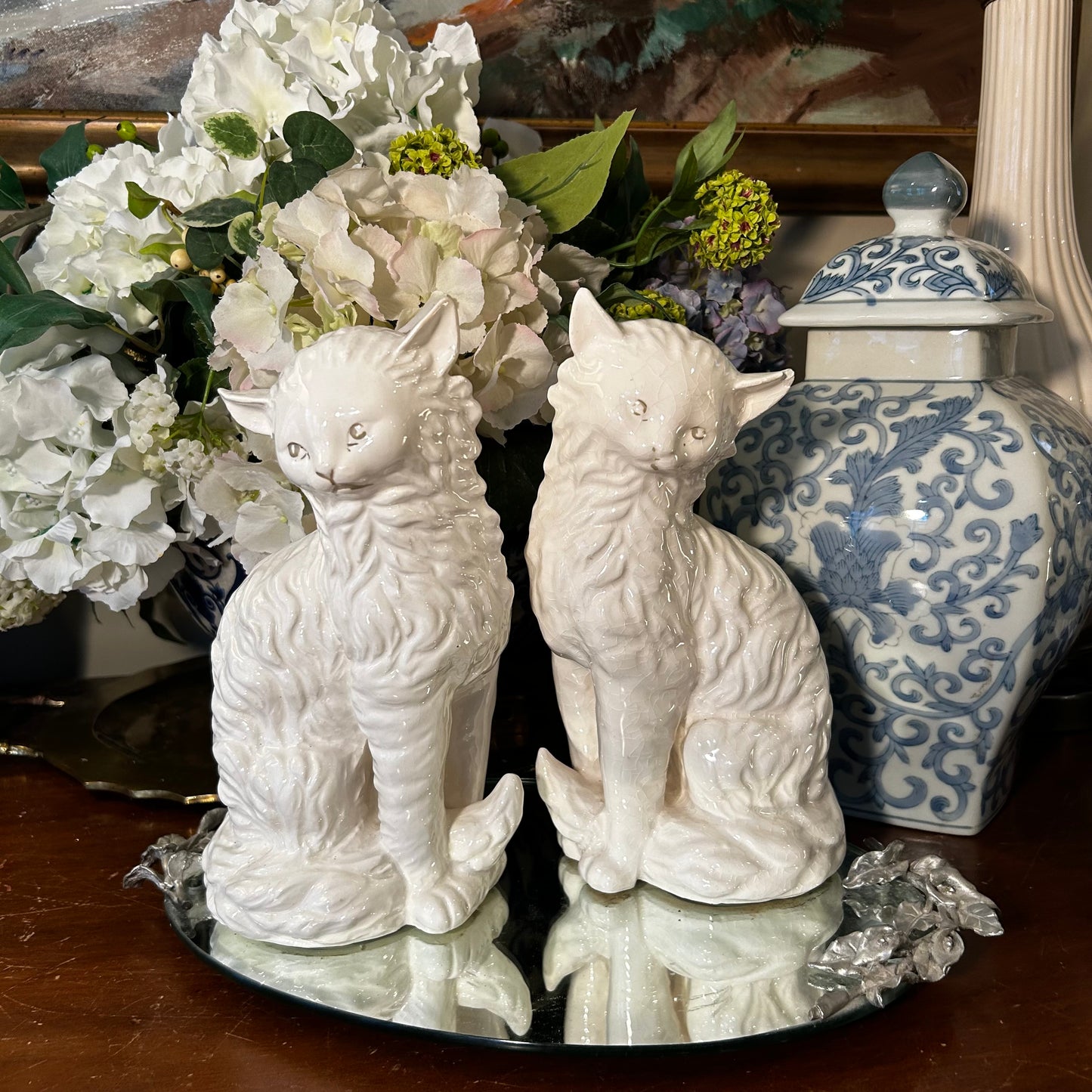 Pair of statuesque Staffordshire style kitty cats 9.5 hi