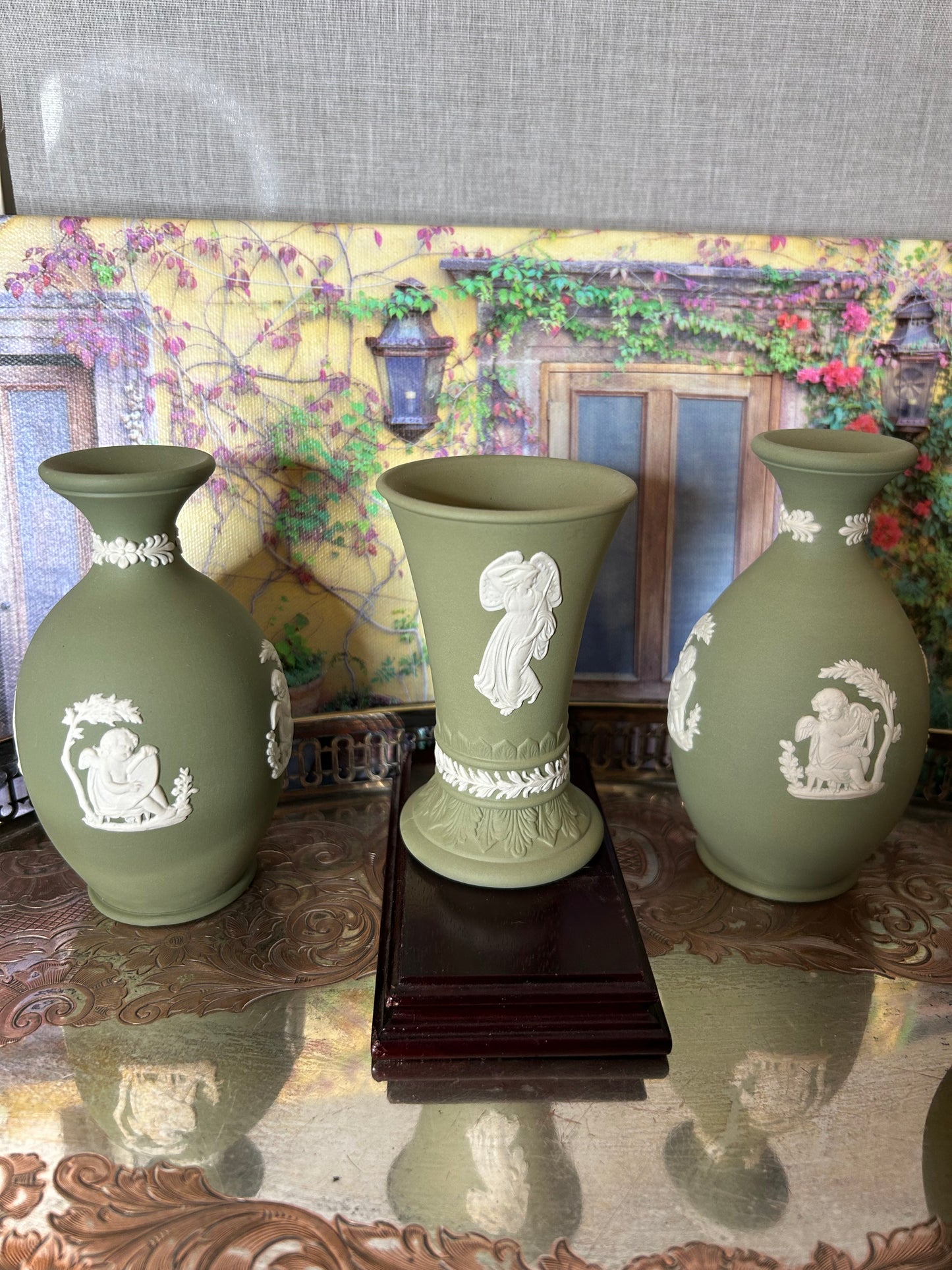#6 pair of Green Wedgwood Vases 5” tall Sold Separately