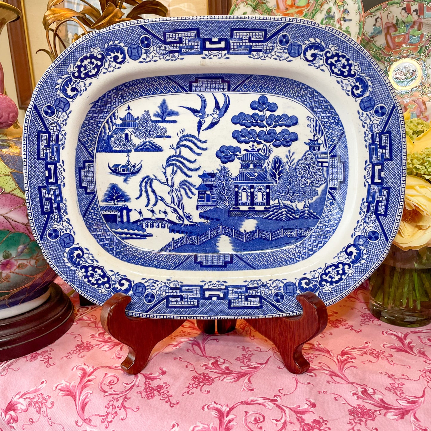 Antique English Blue Willow Platter by Ridgways England 13.75”