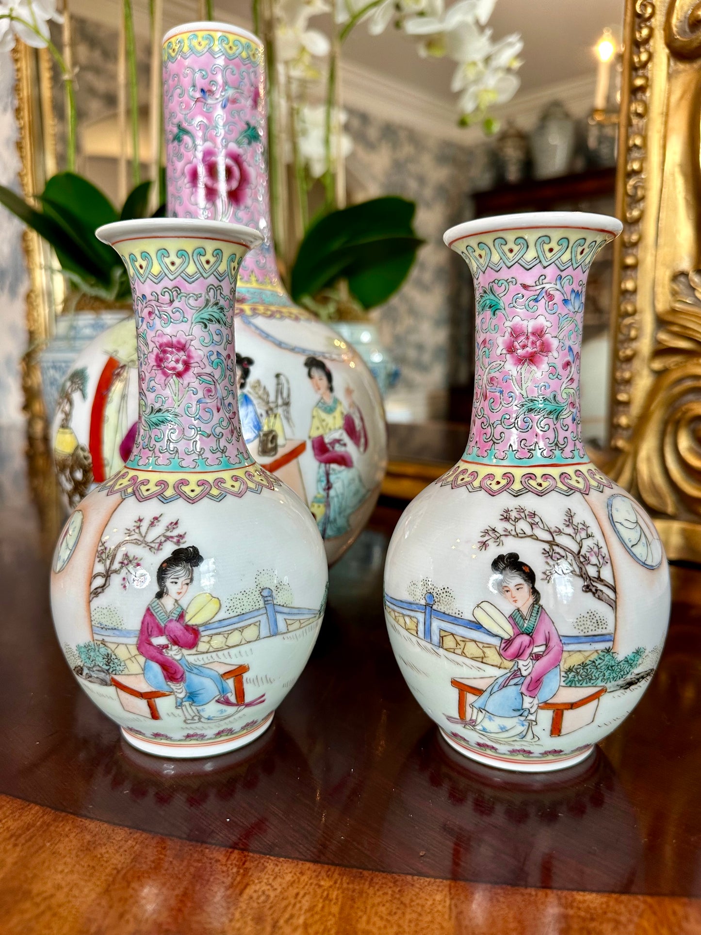 Gorgeous Vintage Pink Chinese Famille Trio Vase Set