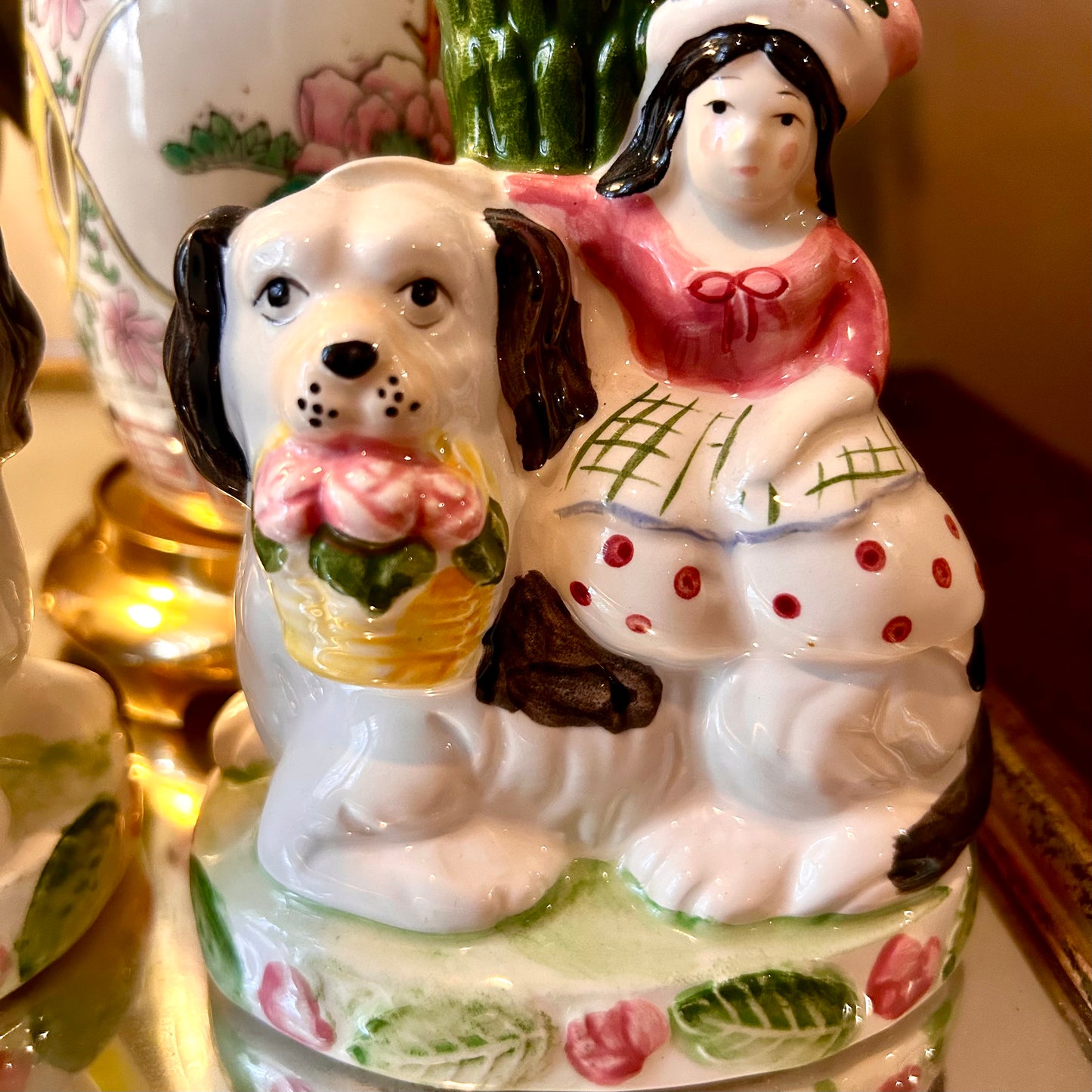 Set of two delightful young lady and gentleman with their Staffordshire dogs pups candle holders