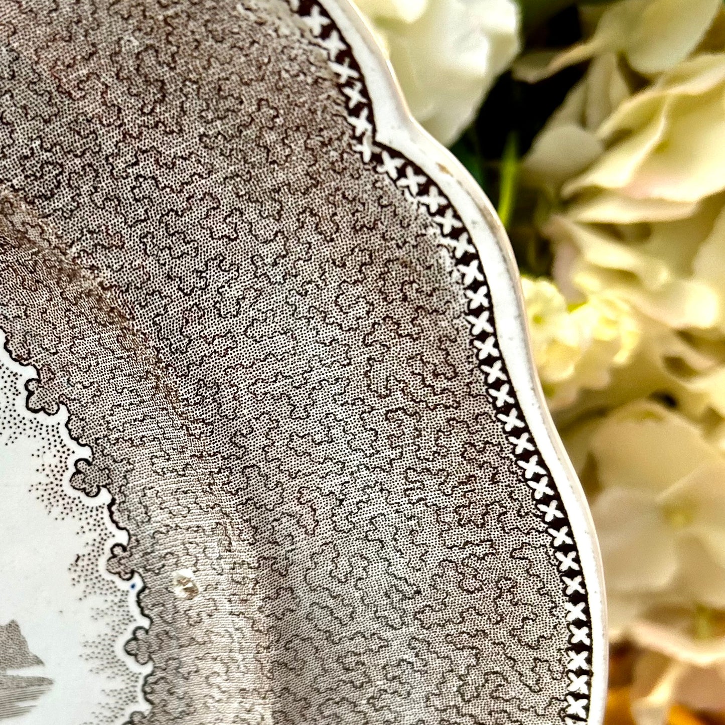 Antique brown toile transfer ware scalloped edge dinner plate