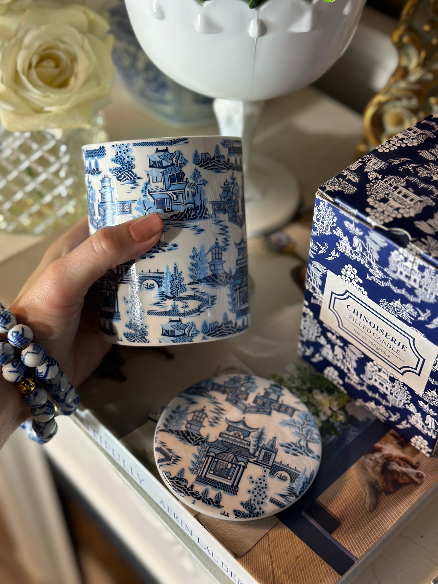 Blue & White Chinoiserie 3-Piece Gift Set: Candle, Bracelet, Ginger Jar Pack