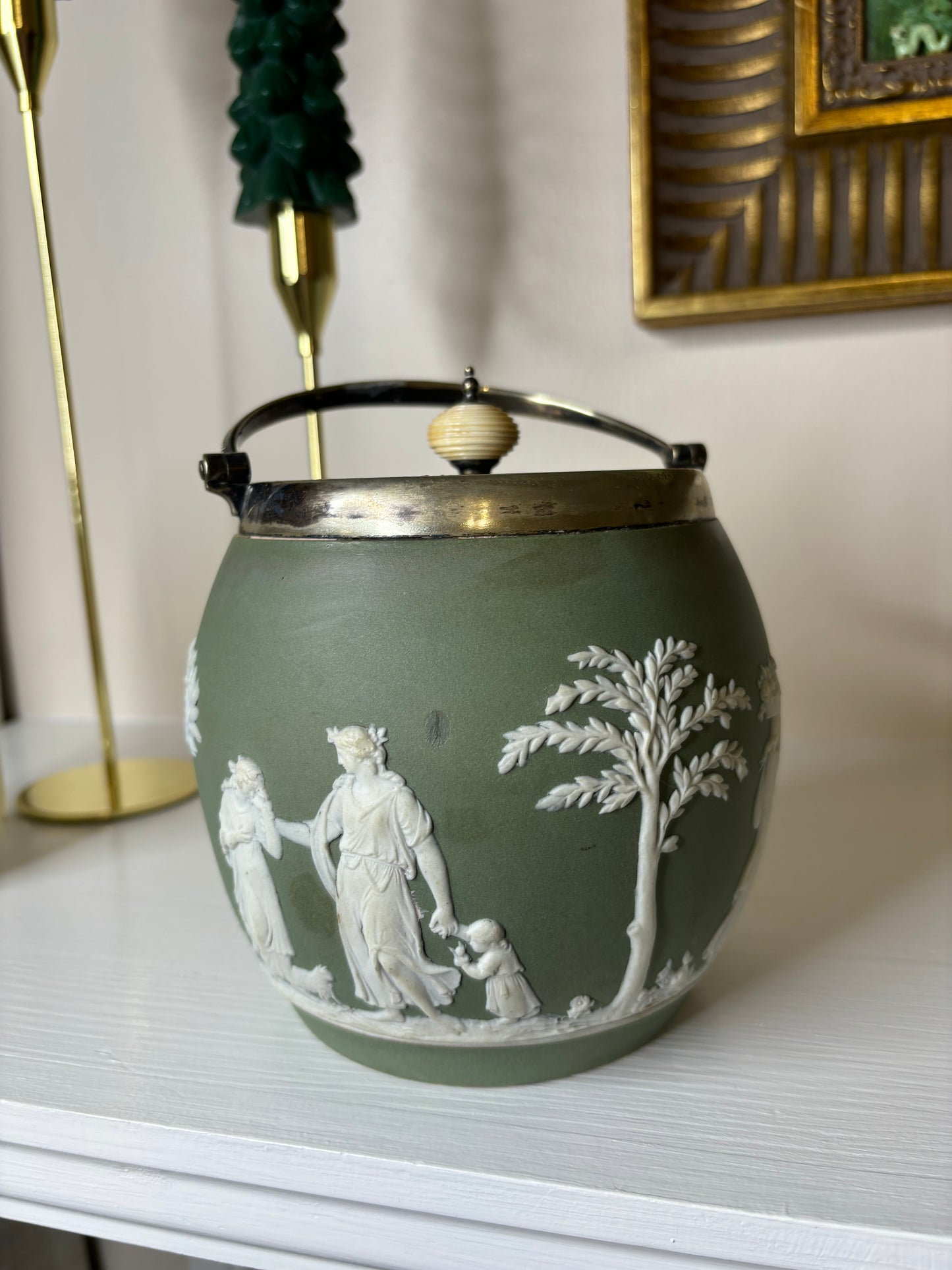 Vintage Green Jasperware Biscuit Barrel!