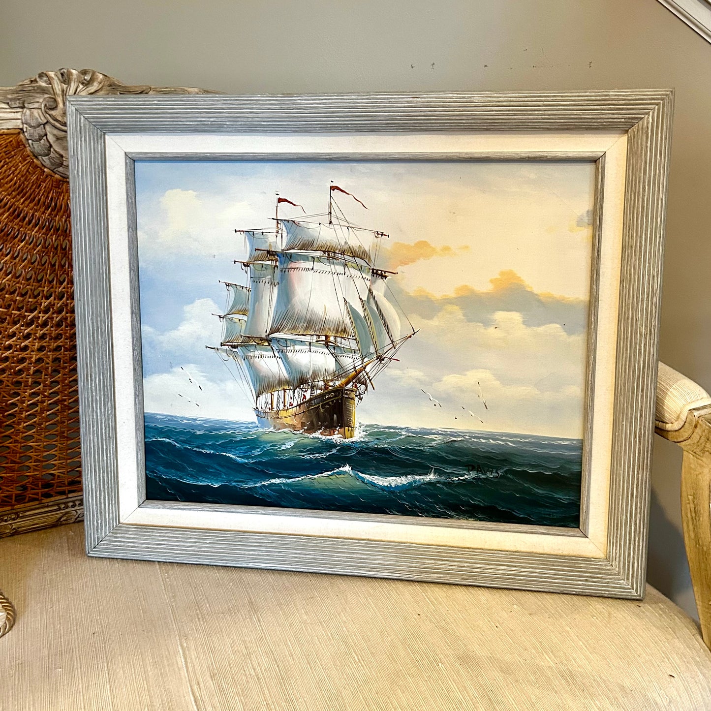 Bold & Beautiful coastal chic vintage tall ship signed sailing wall art 25 x 21 hi