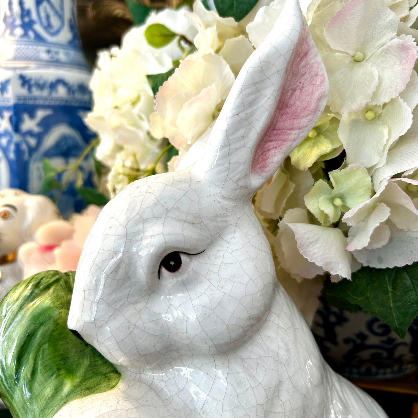 Handsome majolica inspired bunny rabbit standing 12 in tall