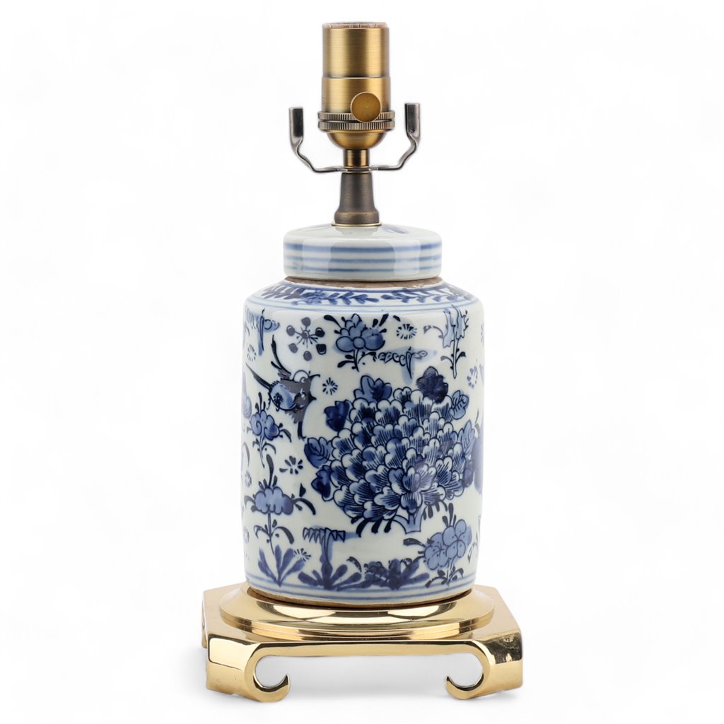 Blue & White Peony Floral Desk Lamp: 12L X 12W X 19H,Small Tea Jar Lamp