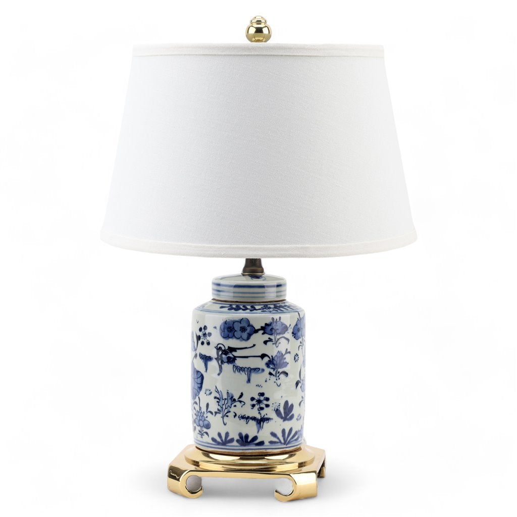 Blue & White Peony Floral Desk Lamp: 12L X 12W X 19H,Small Tea Jar Lamp