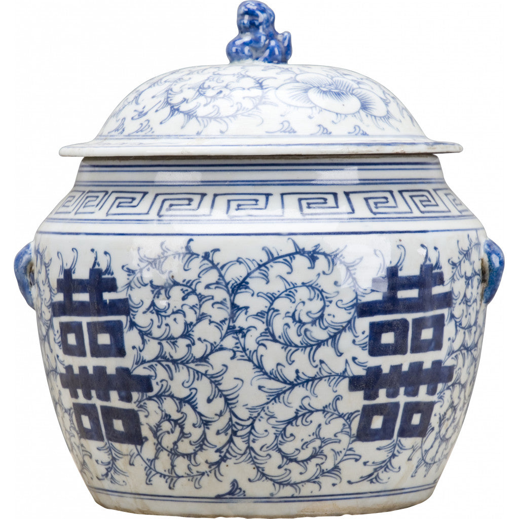 Blue & White Double Porcelain Happiness Lidded Jar, 10" Tall