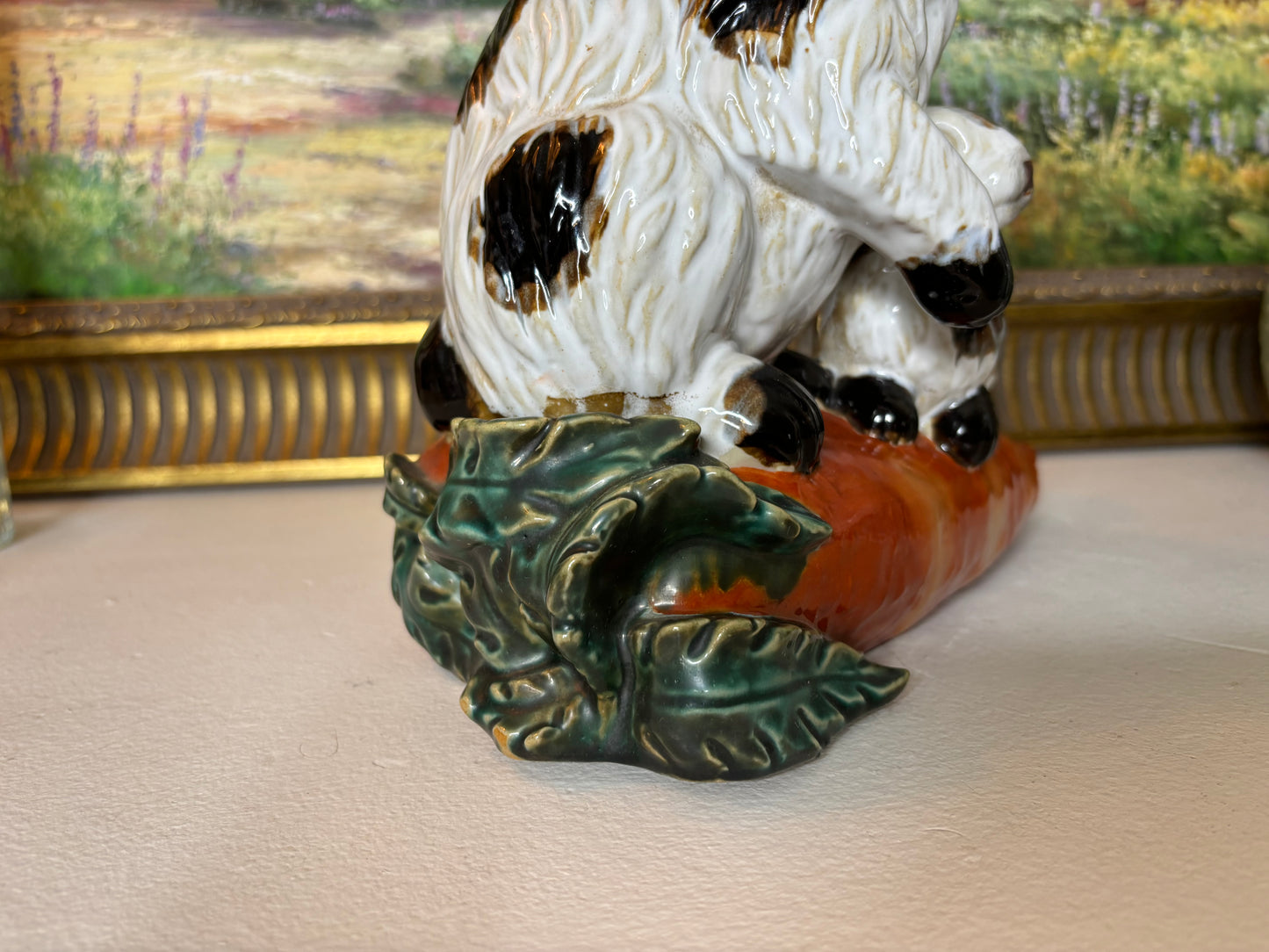 Absolutely adorable Majolica bunny with babies sitting on a carrot! - Excellent condition!