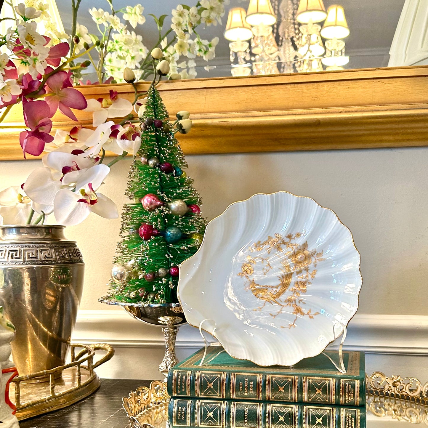 Vintage white & gold floral clam shell dish made in Limoges France