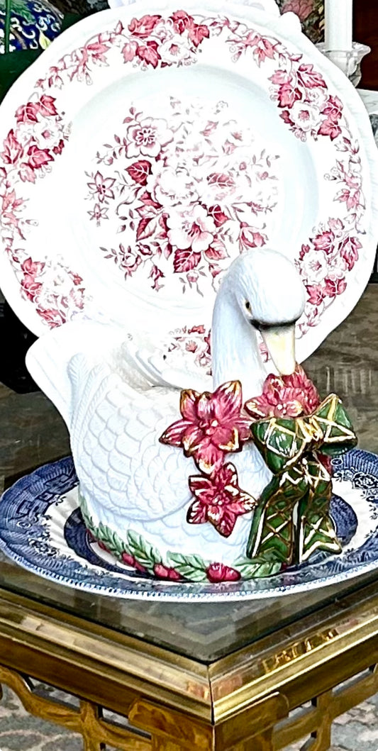 Classic Christmas Swan in bow vintage holiday swan centerpiece candle holder