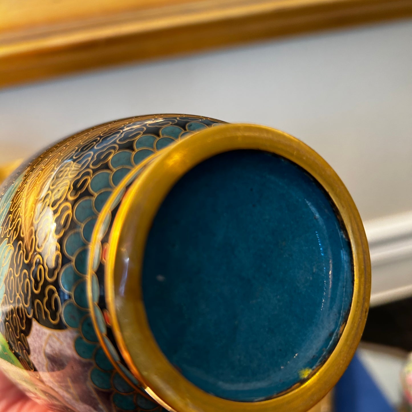 Perfect Pair of vintage brass cloisonné floral  vases.