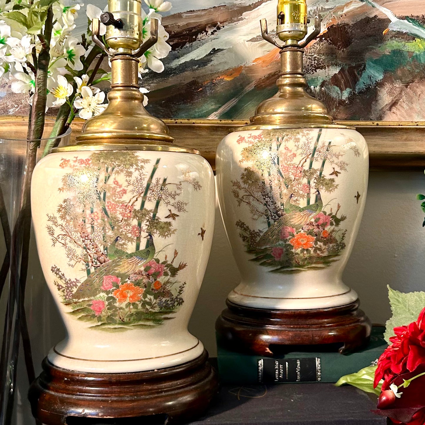 Delightful Pair of vintage chinoiserie botanical ginger jar lamps