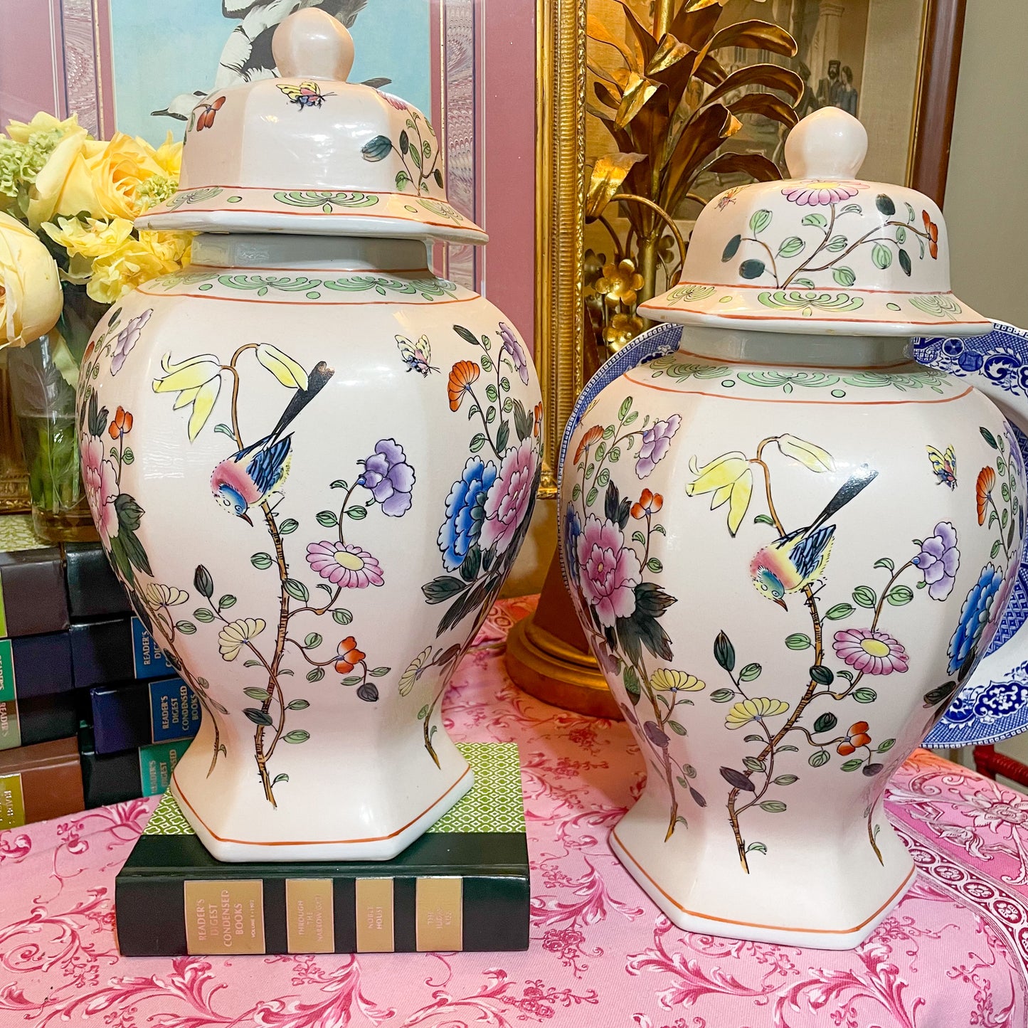 PAIR 16” Pale Pink Chinoiserie Temple Jars Vintage