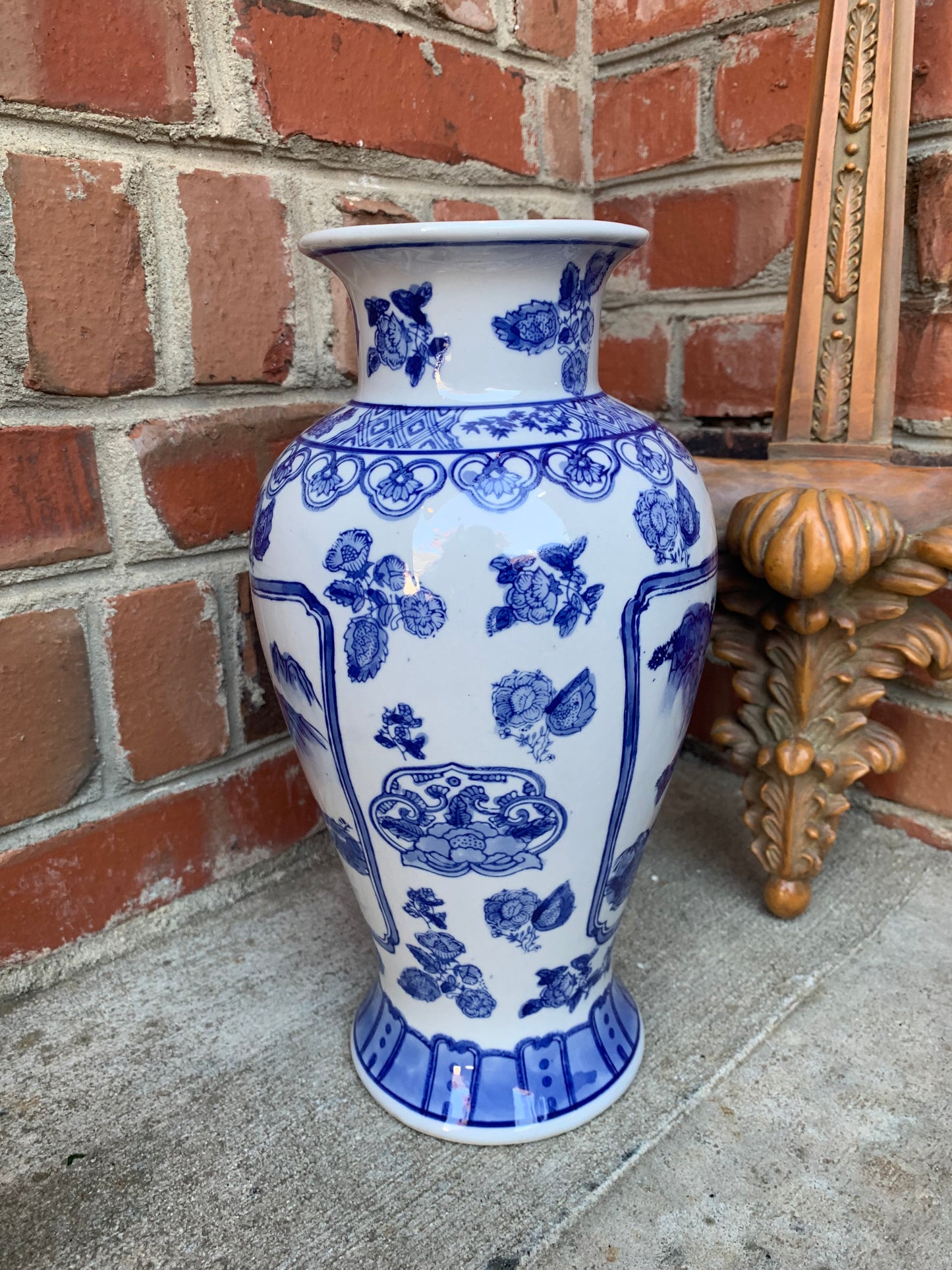 Blue and white floral and scenic 12” vase! - Excellent condition!