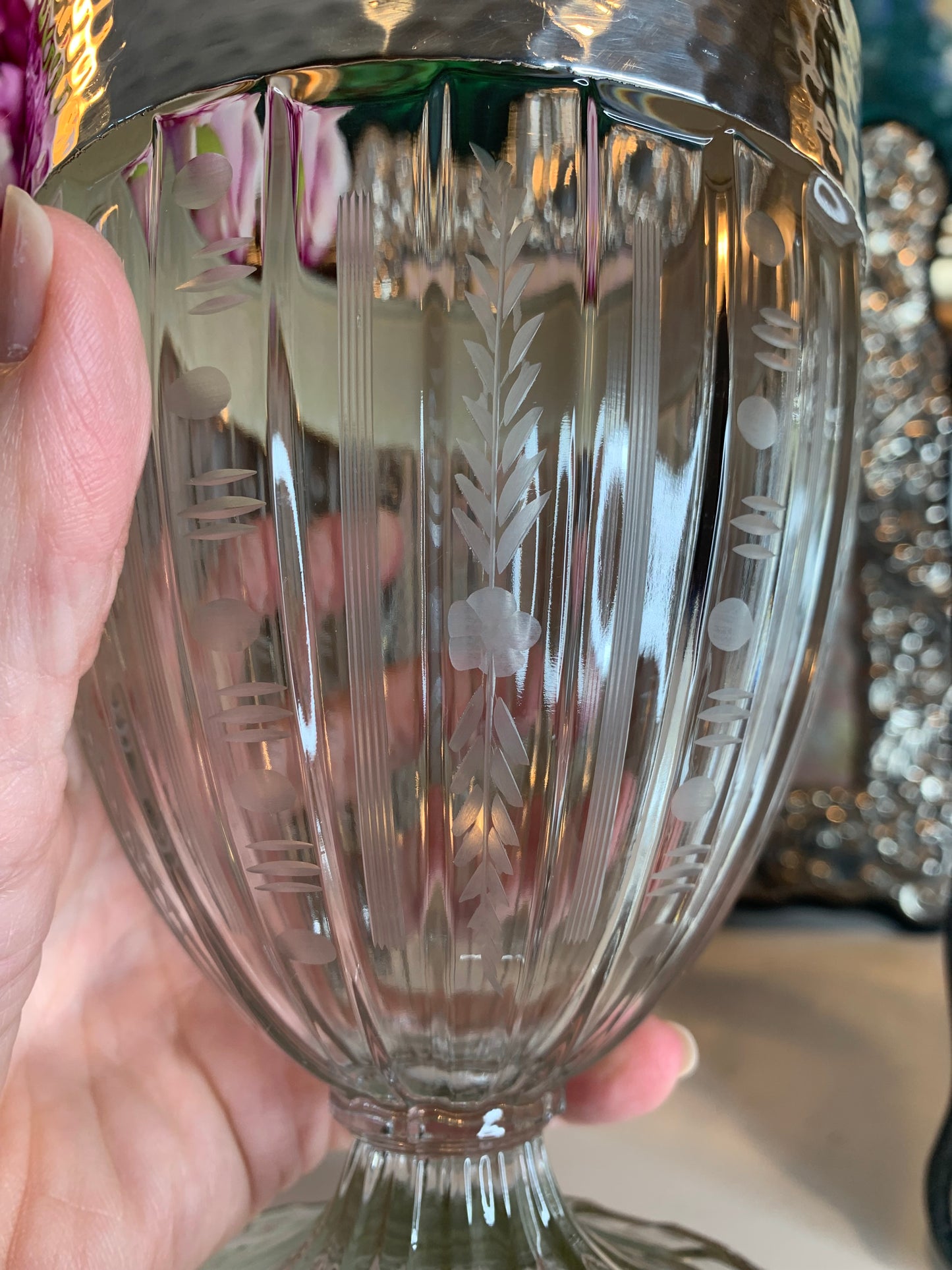 Hand Engraved Crystal vase with Sterling Mounted Rim and Base