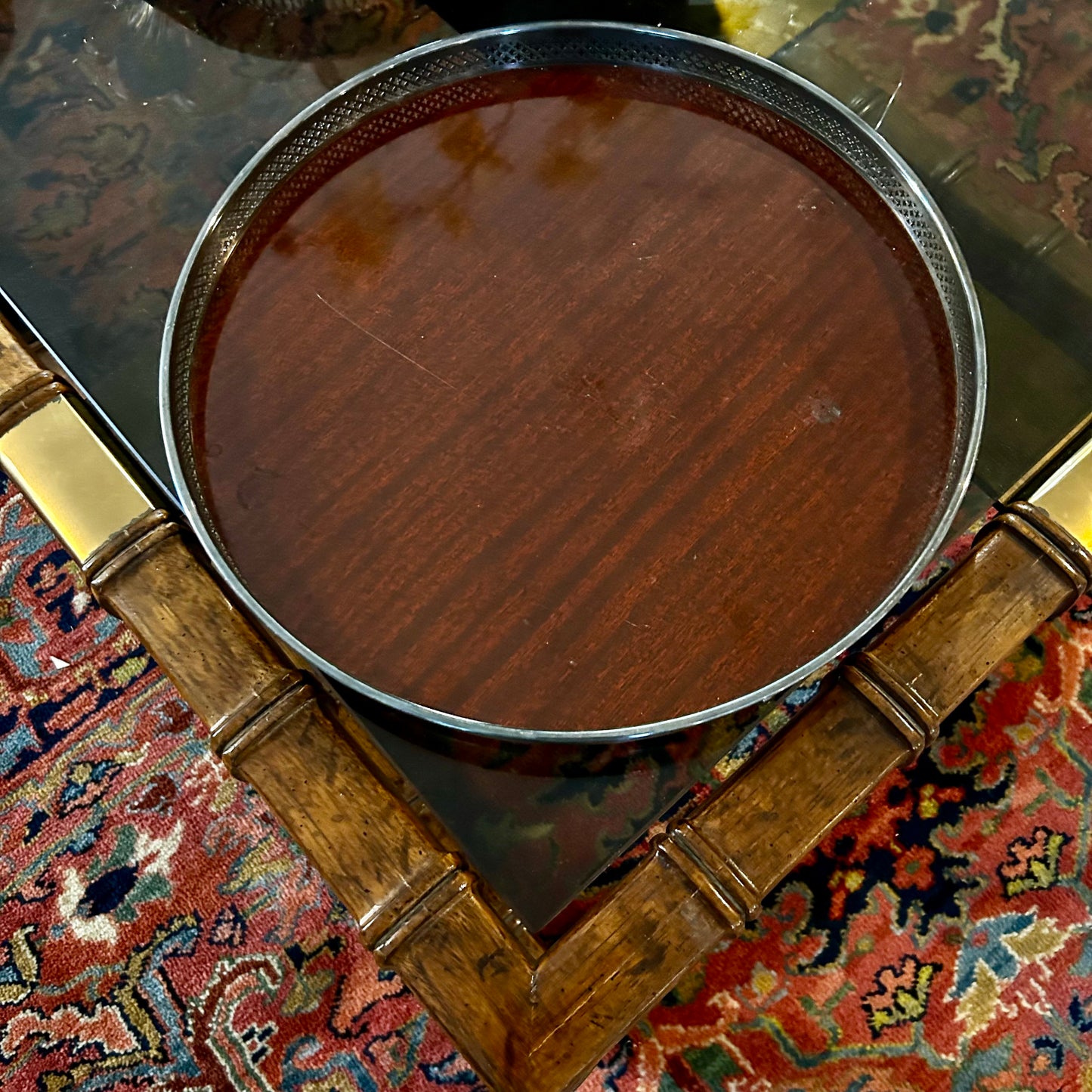 Handsome vintage silver plate & wood grain footed gallery tray