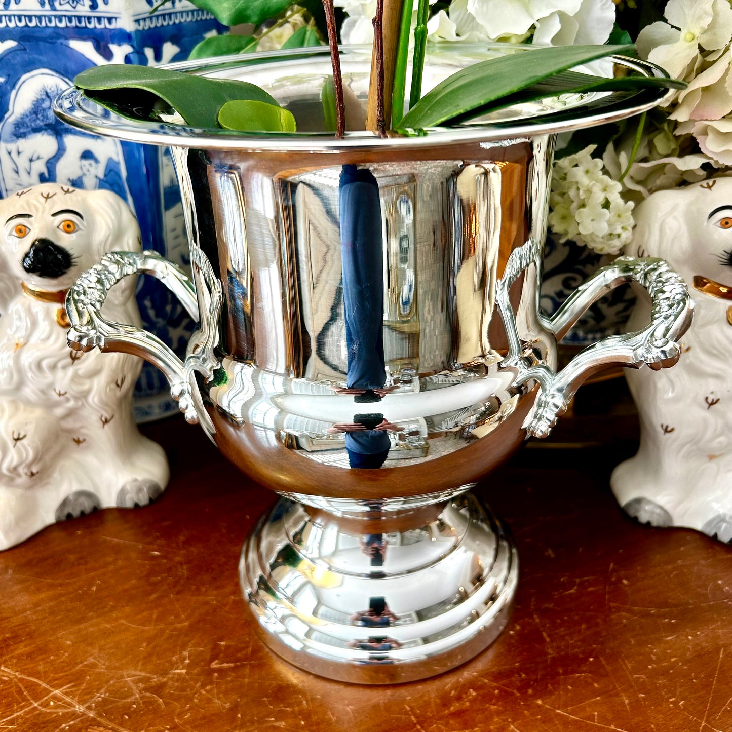 Sparkling Designer baroque heavy silver plate double handle champagne bucket planter by Oneida