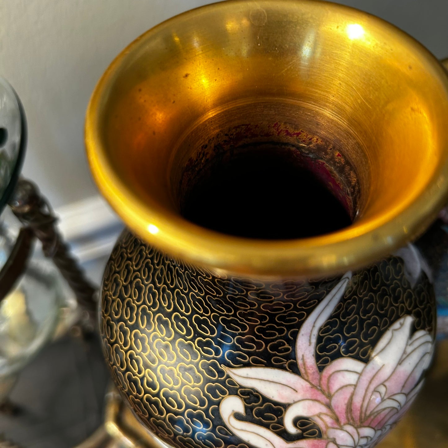 Perfect Pair of vintage brass cloisonné floral  vases.