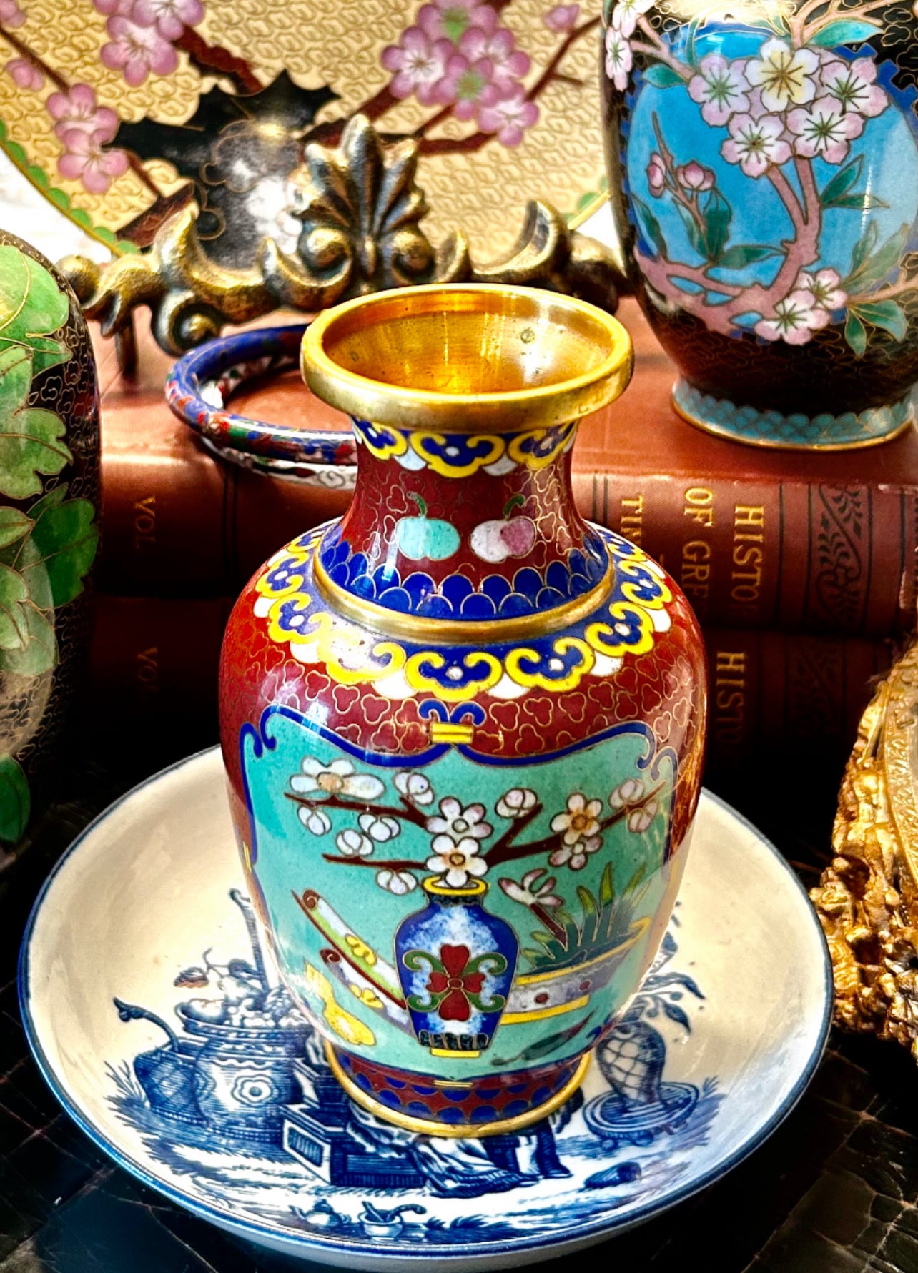 Warm vintage brass & enamel cloisonné etched vase