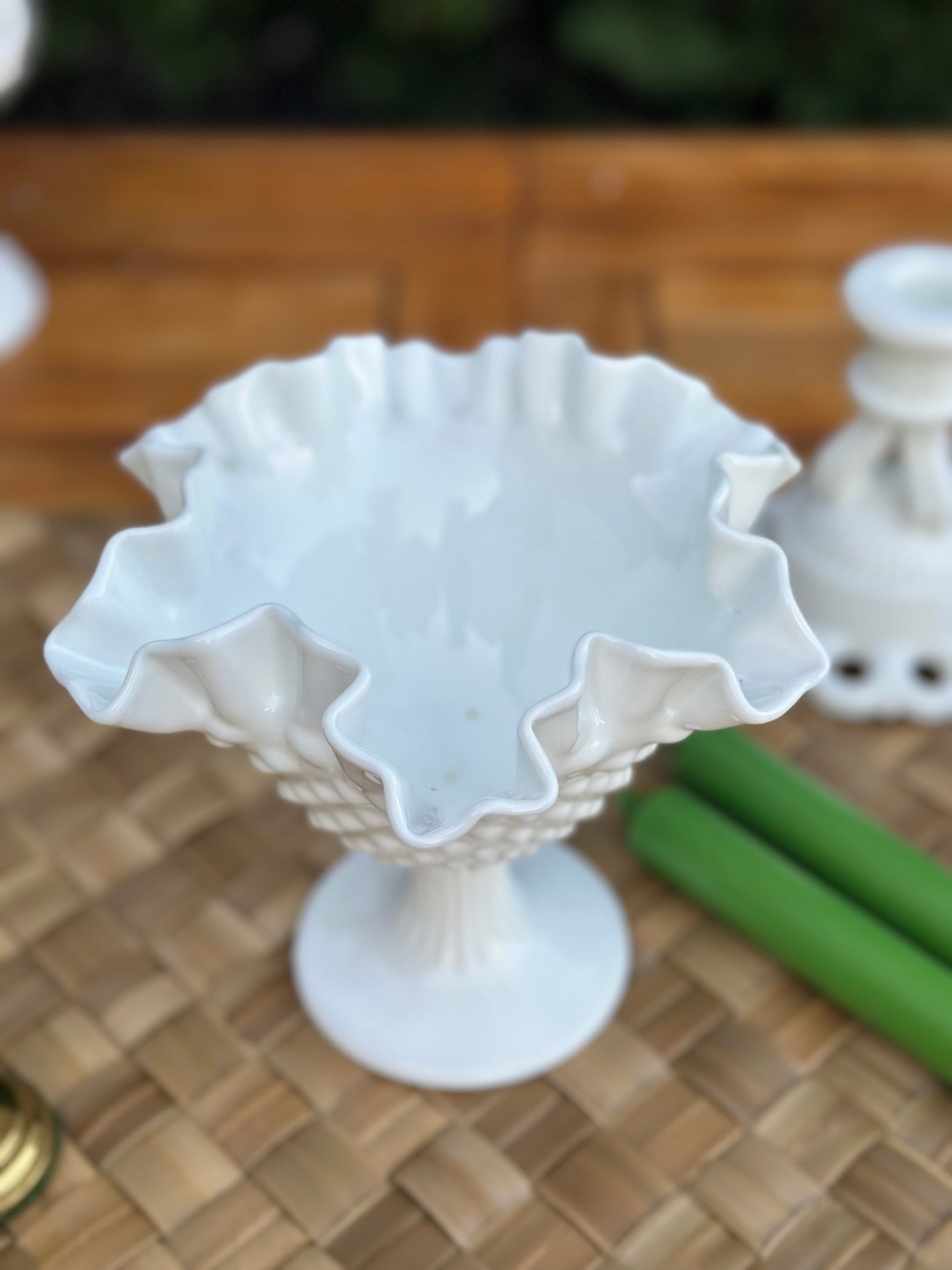 Vintage Fenton Hobnail Ruffle Glass Pedestal Dish, 6" Tall - Pristine!