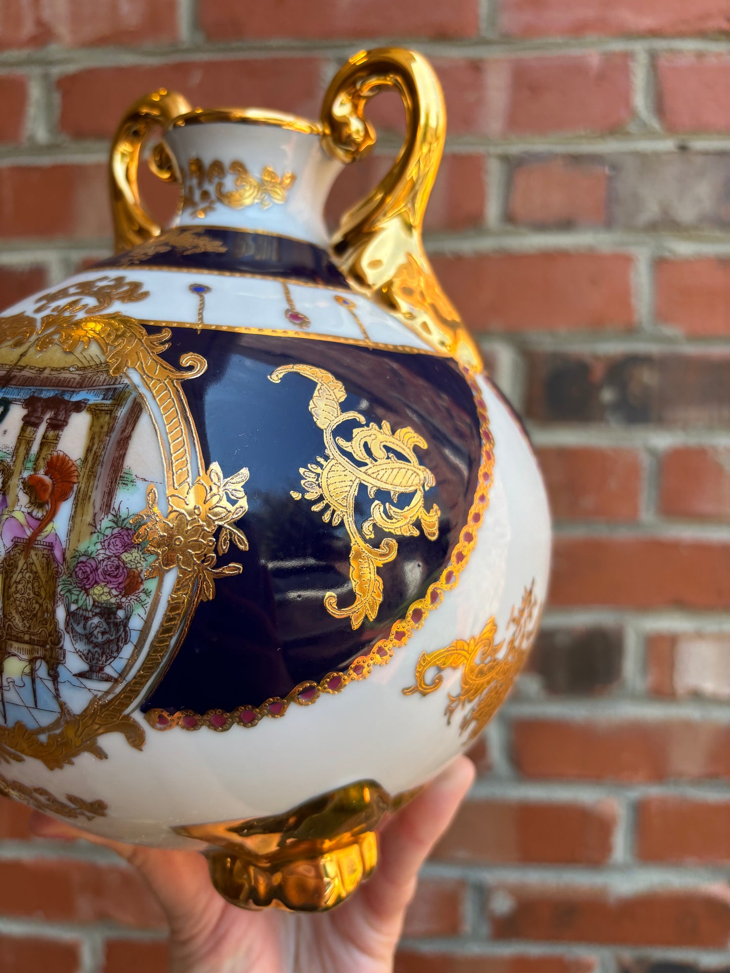 Stunning Limoges handpainted, gilded, and cobalt round vase!