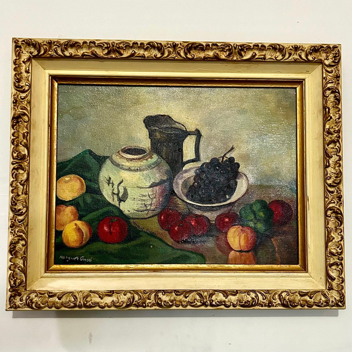 Marvelous mid century original oil still life painting, Blue & white ginger jar, Measures: 19 x 16